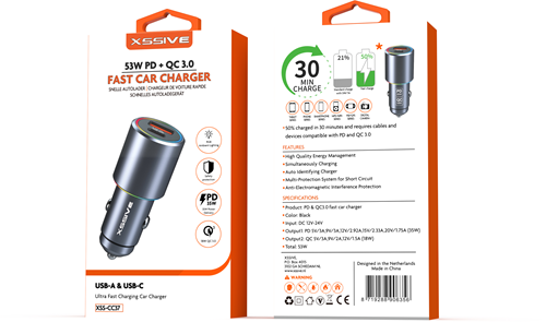 Xssive 53W PD+QC 3.0 Fast Car Charger XSS-CC37 - Zwart