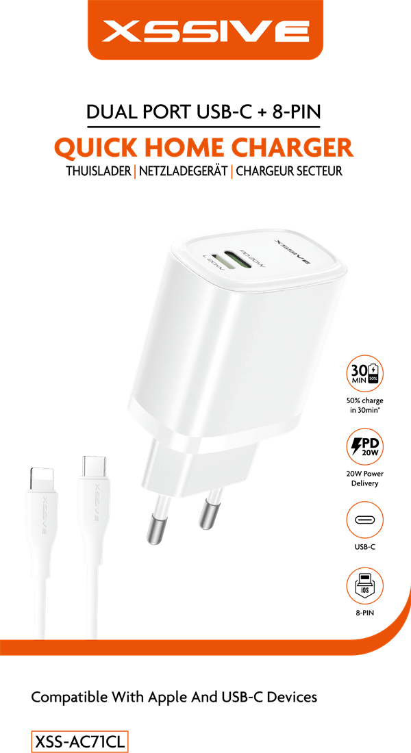 Xssive Quick Dual Port Charger+Cable Type-C to iPhone XSS-AC71CL - Wit