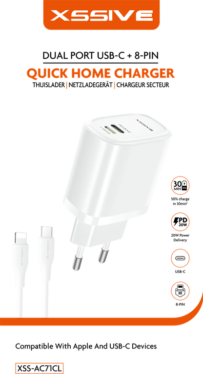 Xssive Quick Dual Port Charger+Cable Type-C to iPhone XSS-AC71CL - Wit